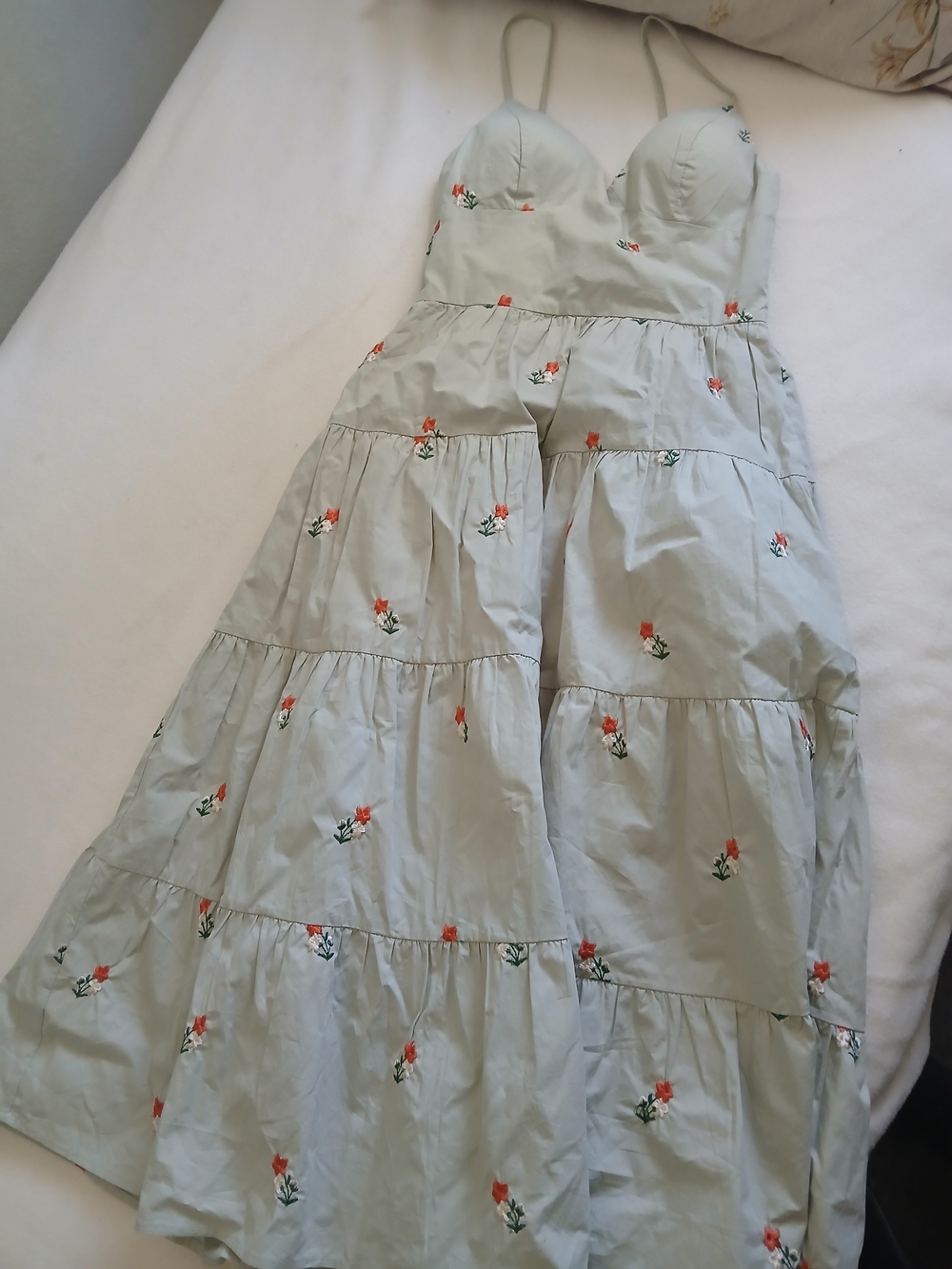 Light Sage Floral Tiered Midi Dress with Spaghetti Straps